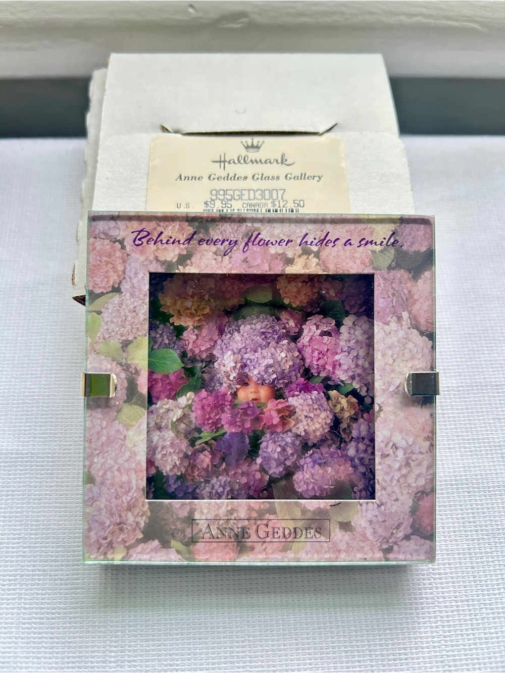 Hallmark Anne Geddes Glass Gallery Photo Frame Purple Lilacs 3” 1998 New In Box - Picture 2 of 11